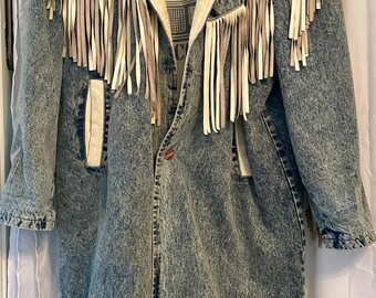 ¡¡¡Estilo vaquero!!! Abrigo vaquero vintage de los 80 &quot;Dual Control&quot; para hombre con solapas de cuero blanco y flecos de 18 cm (blanco crema)