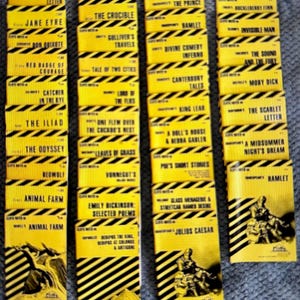 May include: A collection of yellow and black Cliffs Notes study guides arranged in four vertical columns. Each booklet features the iconic diagonal striped border and displays various classic literature titles such as Hamlet, The Odyssey, and Animal Farm.