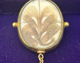 Antique Victorian gold tone double sided pendant with intricate hair art on milk glass and just hair on reverse frame necklace