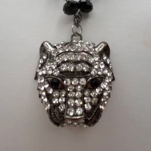 Vintage figural rhinestone panther head brooch pendant statement necklace upcycled