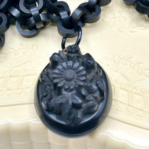 Antique c 1880 Victorian Carved Vulcanite or Whitby Jet Floral Locket with antique vulcanite Rolo Link chain mourning necklace