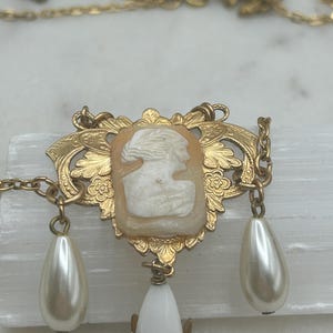 Vintage filigree mounted shell cameo swag pendant pearl dangles upcycled necklace