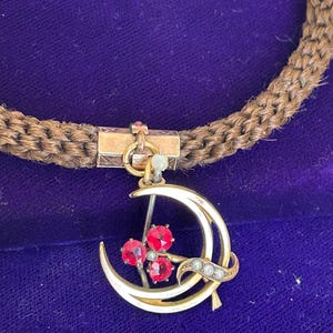 Antique Victorian c 1875 18k gold filled etched ruby seed pearl crescent moon dangle impressive braided woven hair mourning necklace image 1