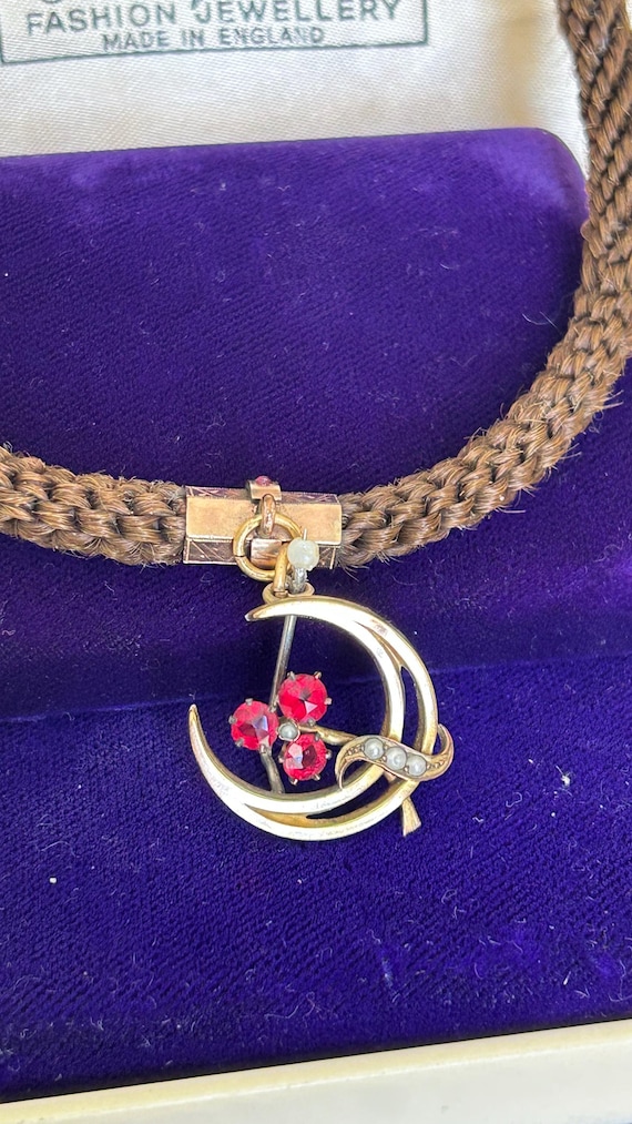 Antique Victorian c 1875 18k gold filled etched ruby seed pearl crescent moon dangle impressive braided woven hair mourning necklace
