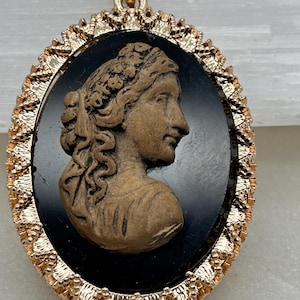 Vintage glass cameo in black and brown with gold frame and vintage chain upcycled necklace