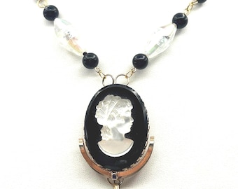 Vintage Cameo Necklace: Black & White Glass Bead Chain