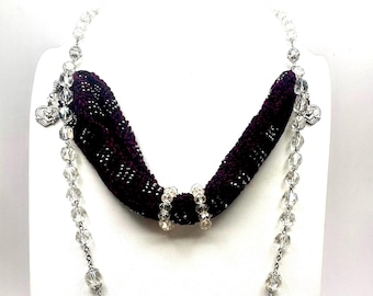 Antique/Vintage Miser’s Purse Steel cut beads burgundy red knit with Faceted clear Glass Beads Necklace