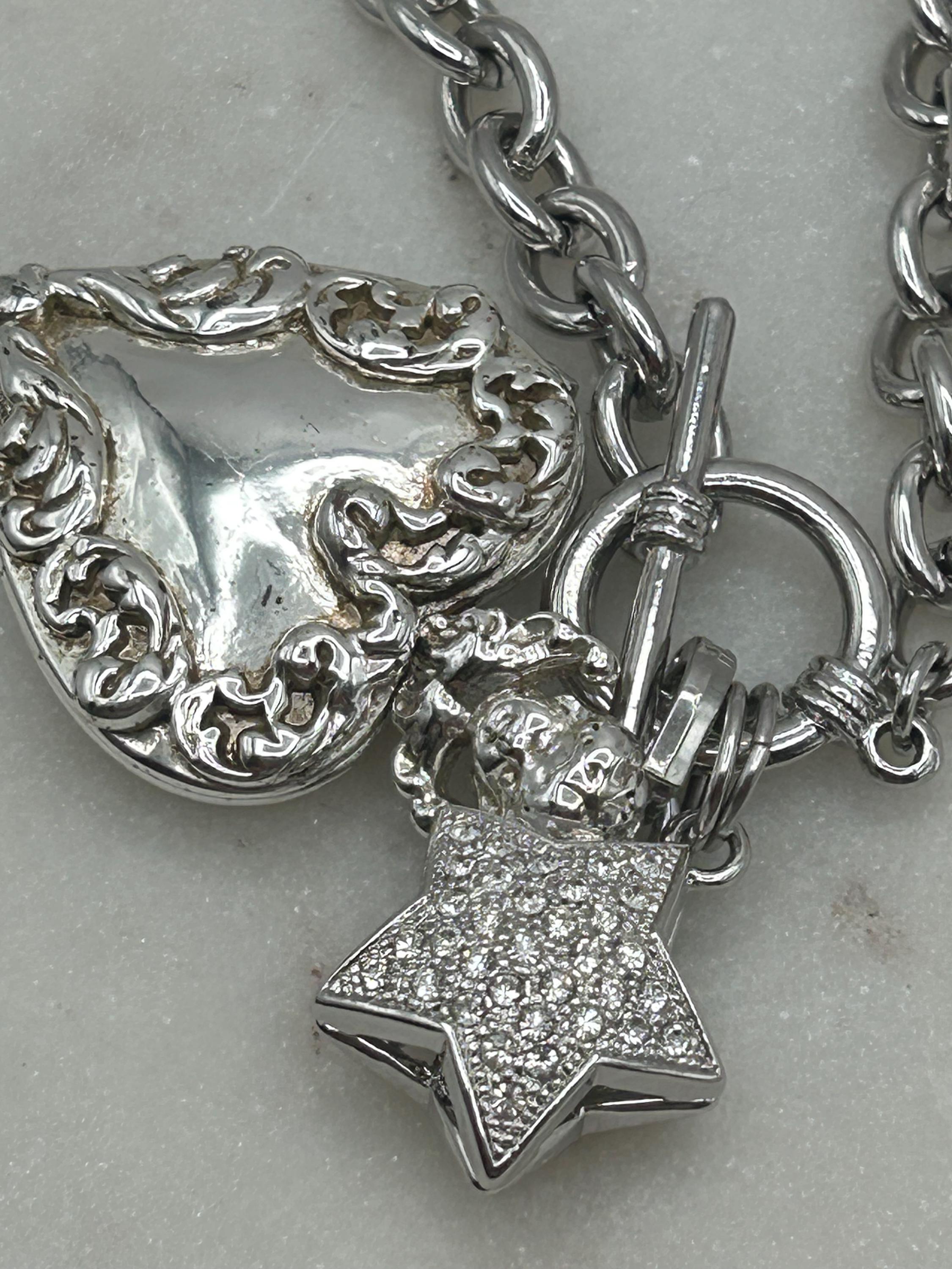 Vintage Silver Tone Heart Locket Necklace: Cherub, Rhinestone Star