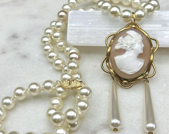 Antique Vintage Victorian rolled gold shell cameo sourced in the U.K. Glass pearl necklace with faux pearl dangles