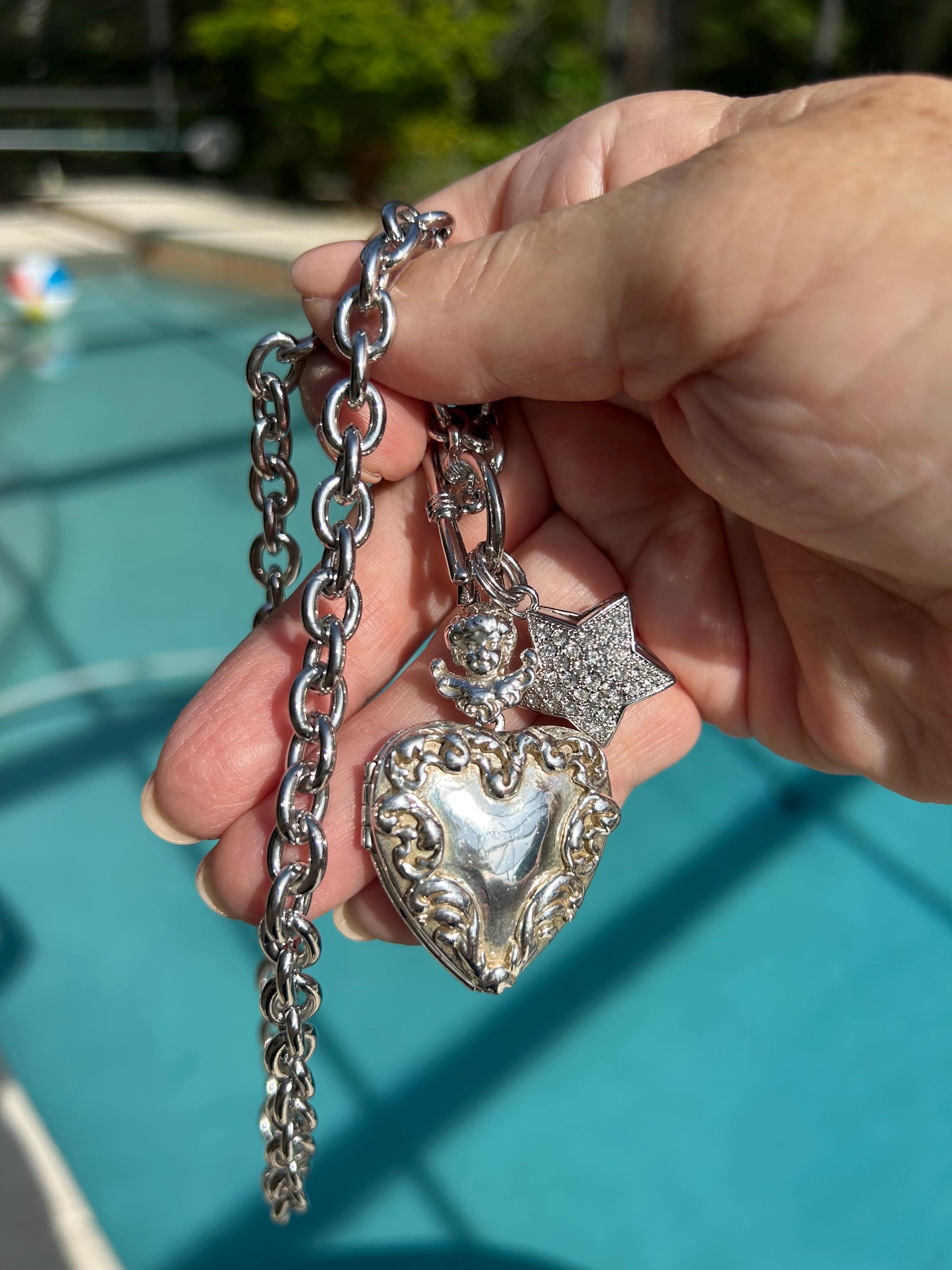 Vintage Silver Tone Heart Locket Necklace: Cherub, Rhinestone Star