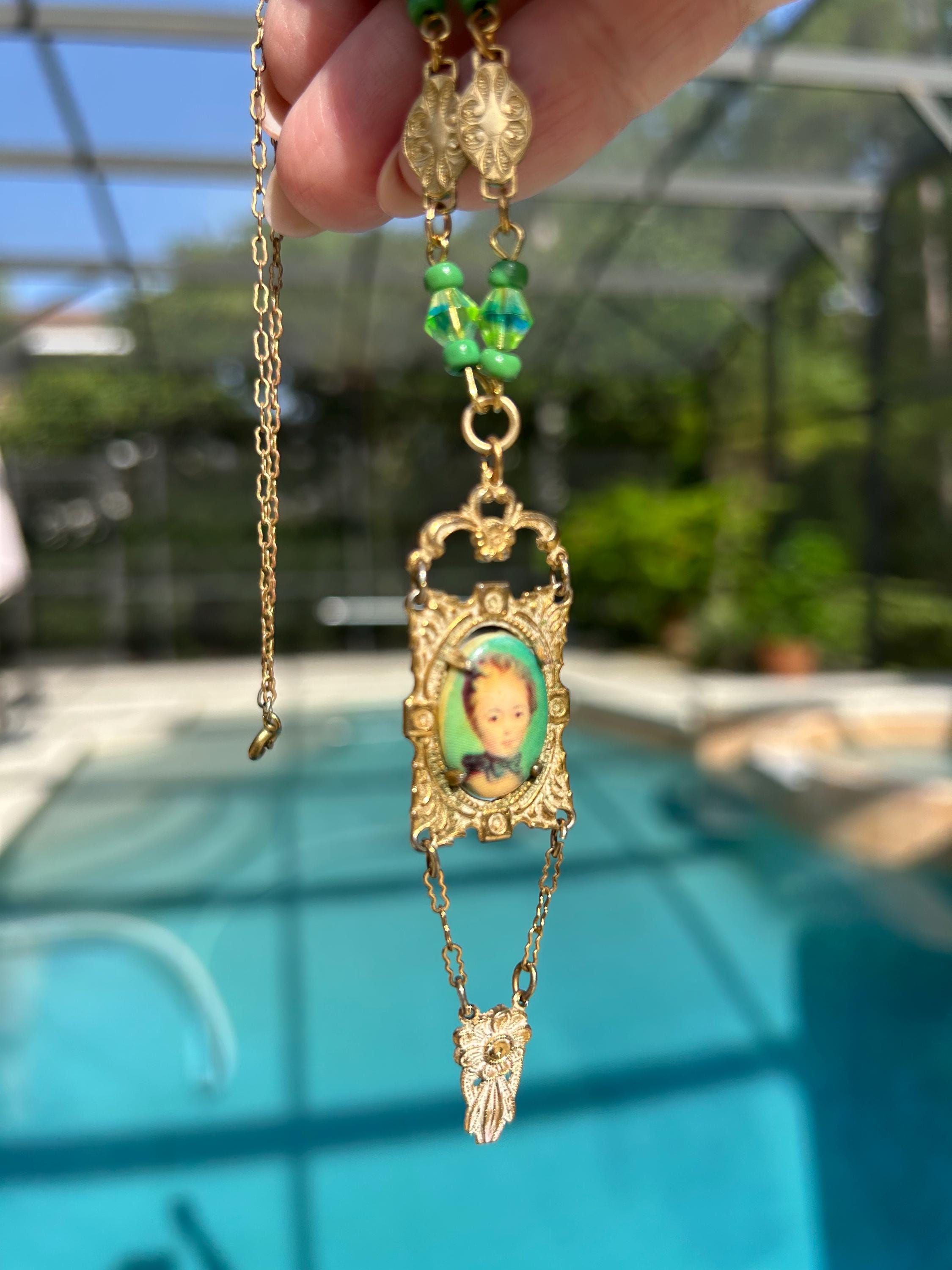 Vintage Brass Lavalier Pendant Prong Set Woman Porcelain Portrait