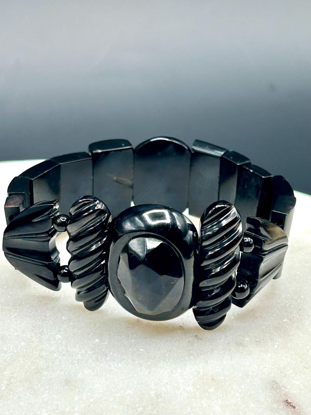 Antique Victorian Carved Ornate Faceted Whitby Jet Beaded Stretch