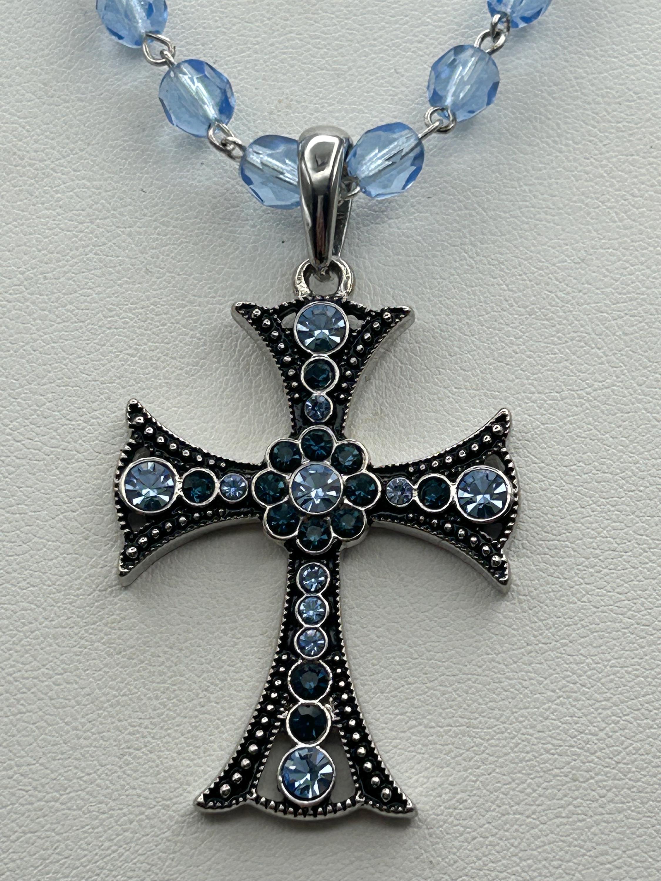 Vintage Blue Rhinestone Cross Pendant Necklace - Rosary Chain - Etsy