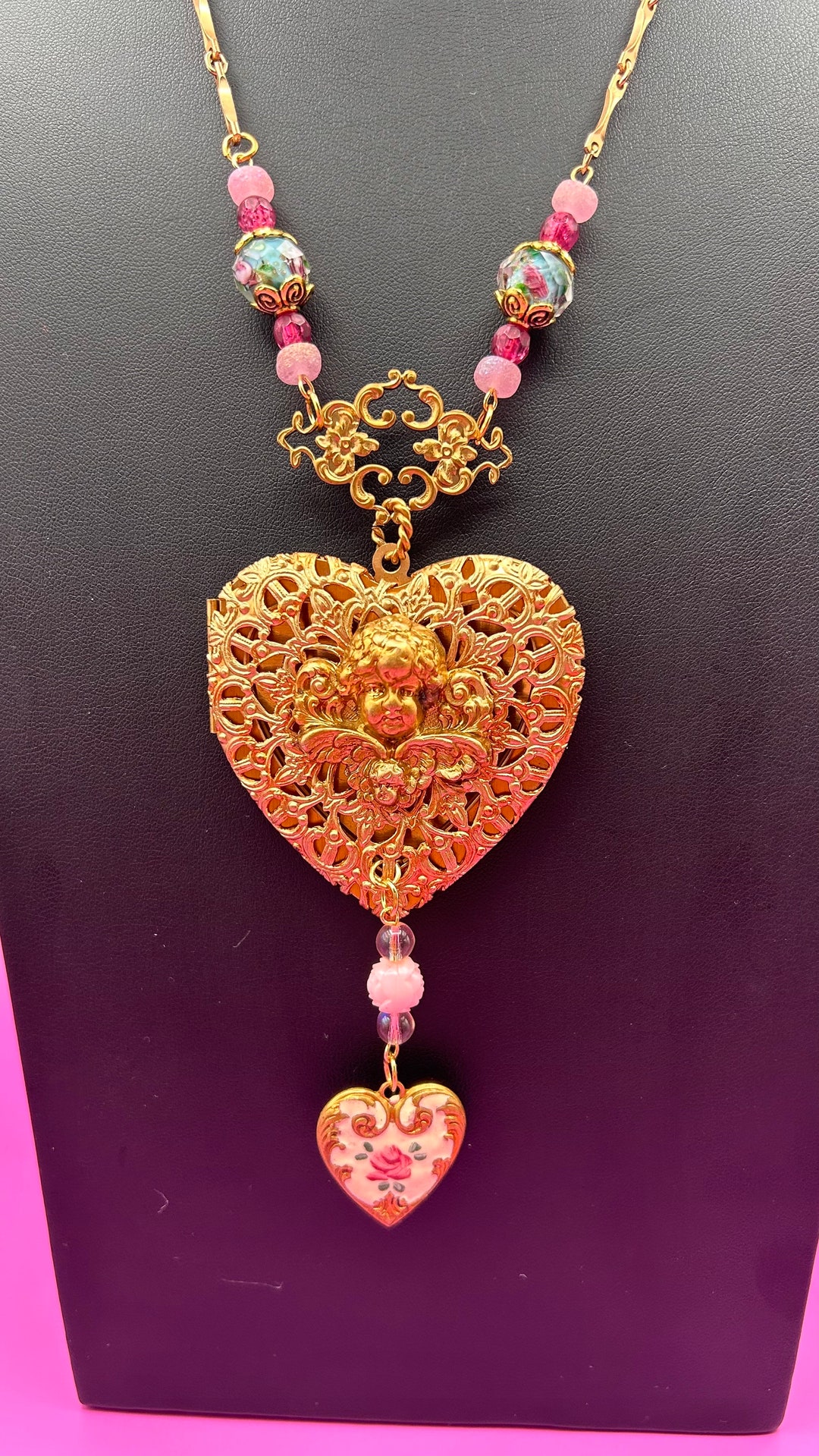Cherub Heart Locket Dangle Enamel Heart Necklace Pink - Etsy