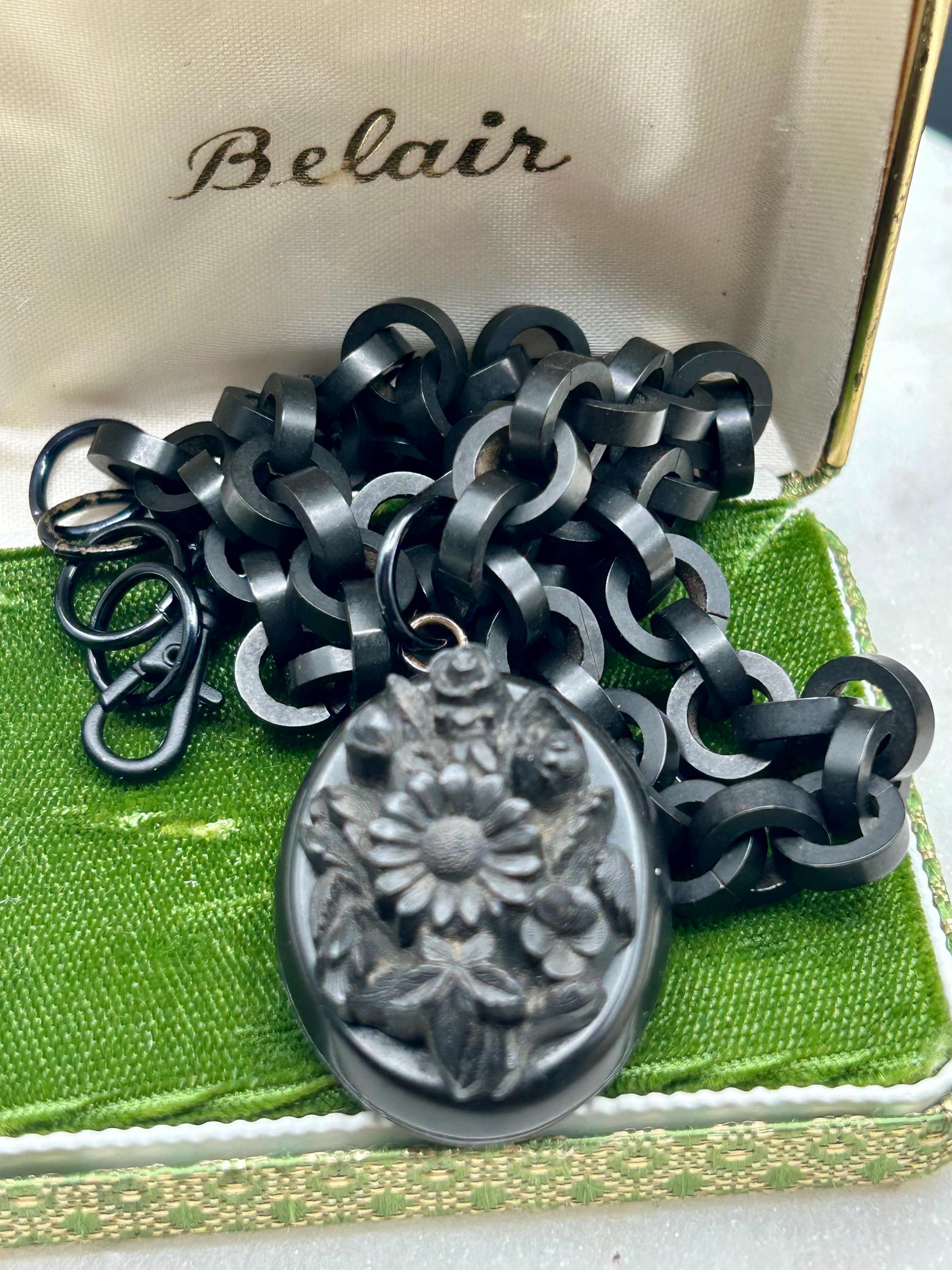 Whitby Jet Locket Antique C 1880 Victorian Carved Vulcanite or Whitby Jet Floral Locket ...