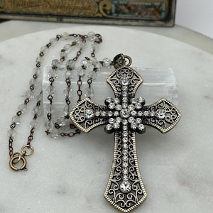 Vintage rhinestone large cross pendant paired with vintage clear glass rosary chain upcycled necklace
