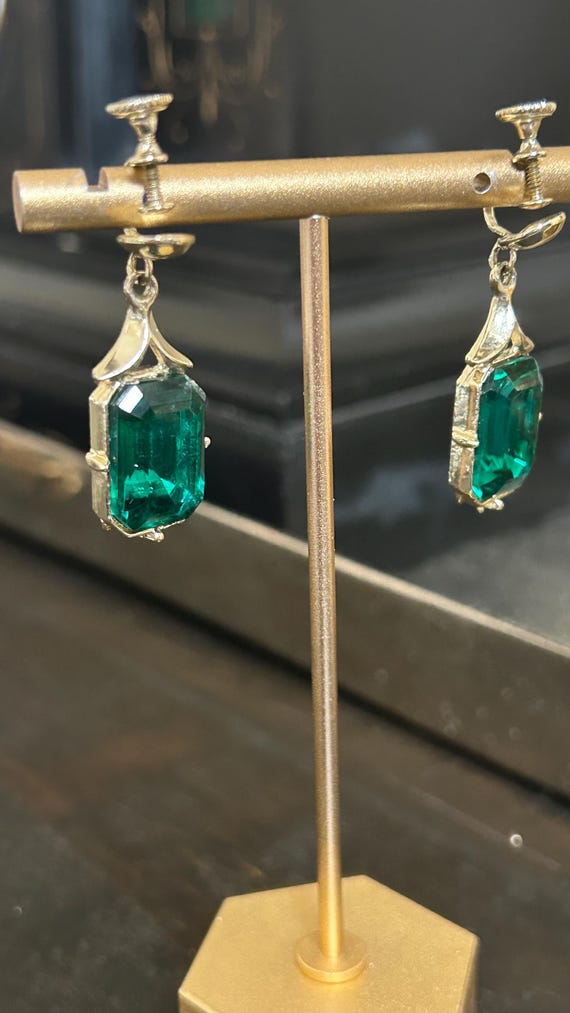 Vintage Emerald Green foil back rectangular caboc… - image 4