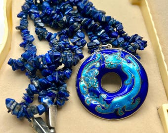 Vintage Shashi Dragon Cloisonne Necklace: Lapis Lazuli, 24k Gold Over Silver