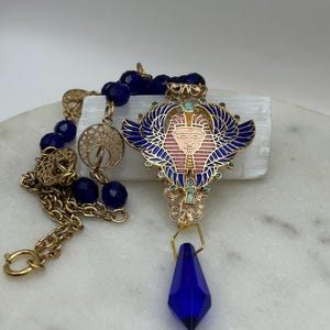 Egyptian revival winged Pharoah king tut enamel art deco style pendant upcycled necklace