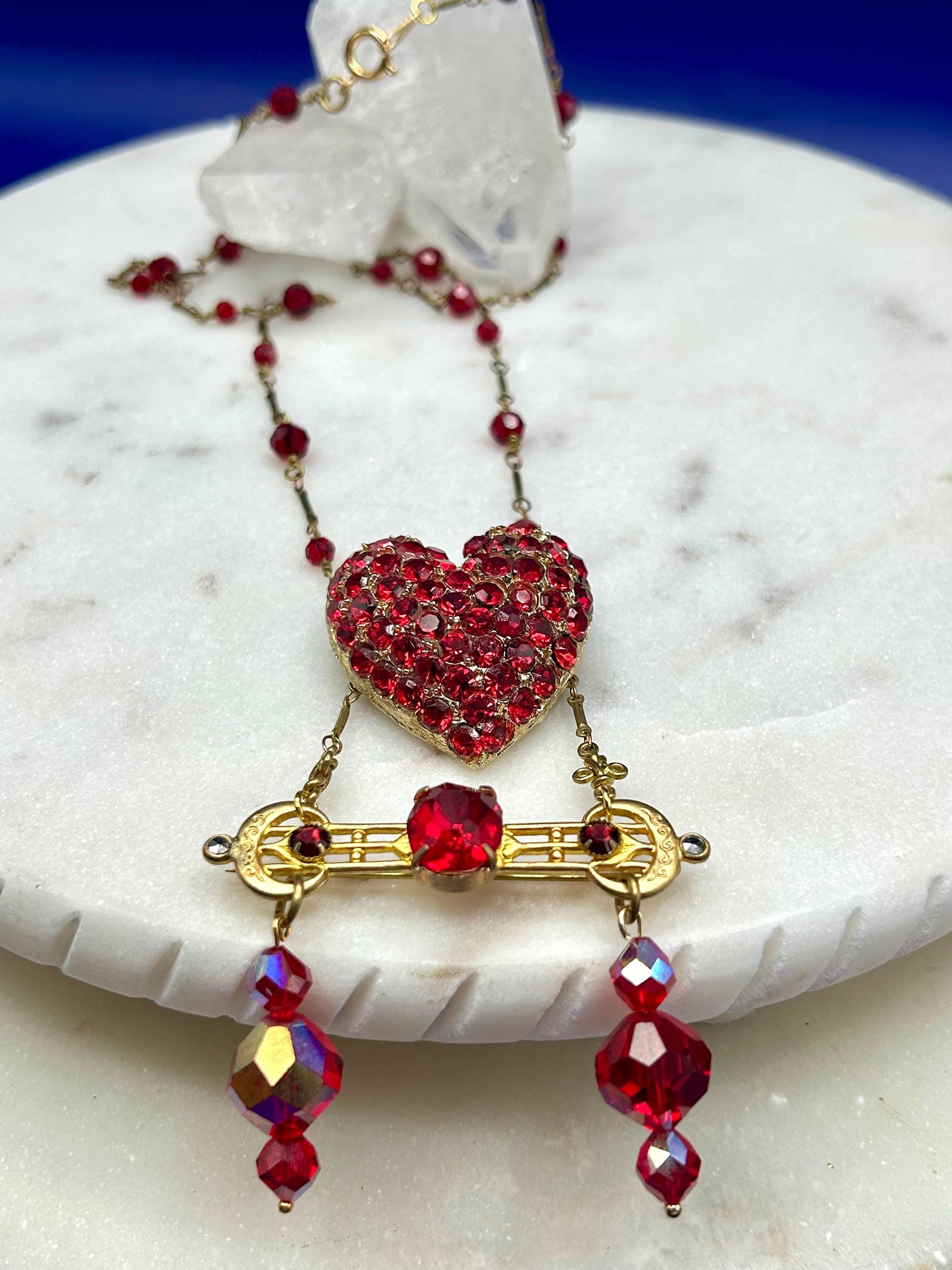 Vintage Art Deco Ruby Red Heart Necklace: Glass Dangles - Etsy