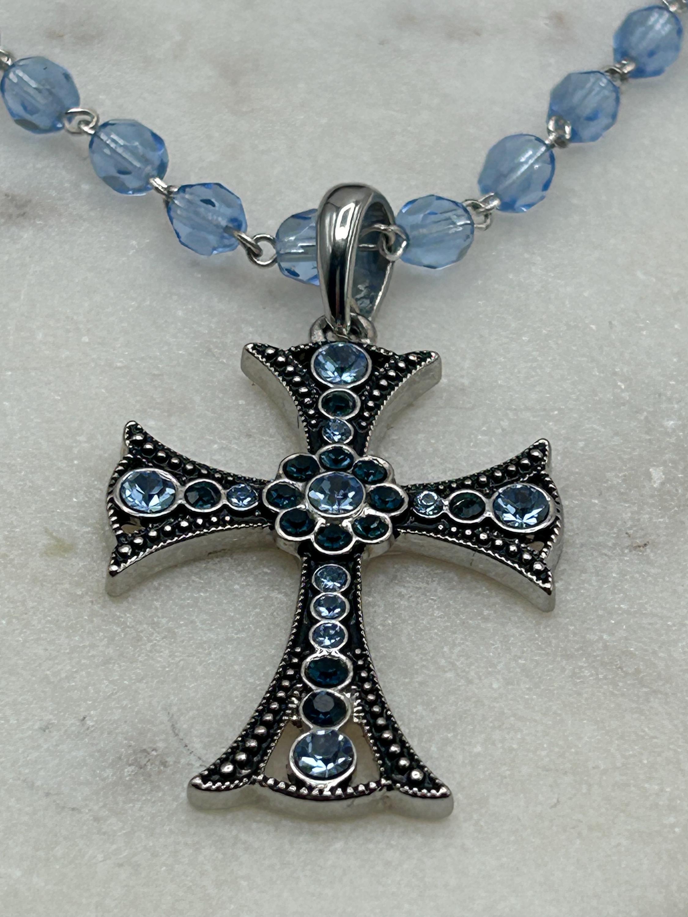 Vintage Blue Rhinestone Cross Pendant Necklace - Rosary Chain - Etsy
