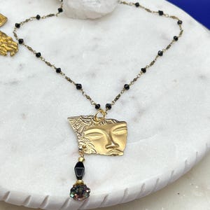 Vintage woman’s face gold tone glass margarita dangle earring upcycled necklace