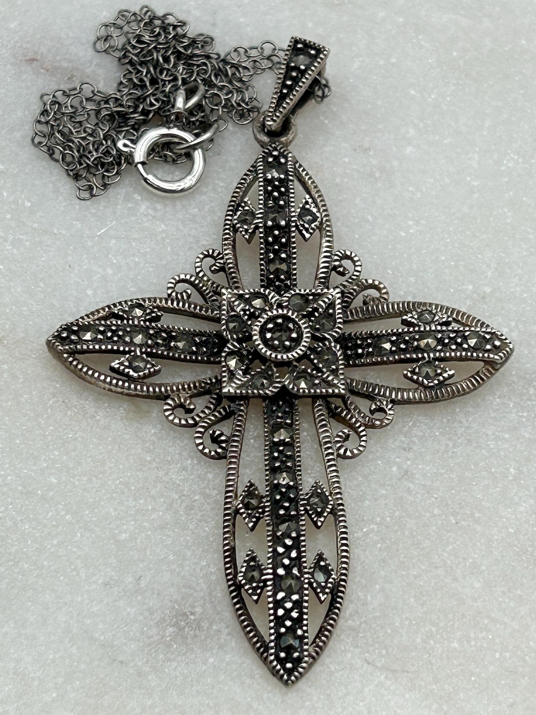 Vintage Marcasite Cross Pendant Necklace: Sterling Silver Chain - Etsy