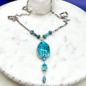 Vintage scarab pendant Egyptian revival in untested silver tone setting glass beads marinar link upcycled necklace