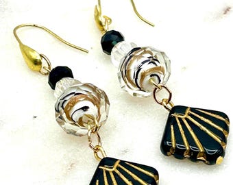 Art Deco Lampwork Glass Earrings: Black & Gold Vintage Style