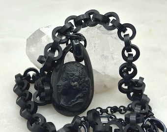 Antique c 1880 Victorian Carved Vulcanite or Whitby Jet Gothic Cameo Face pendant with Rolo Link chain mourning necklace