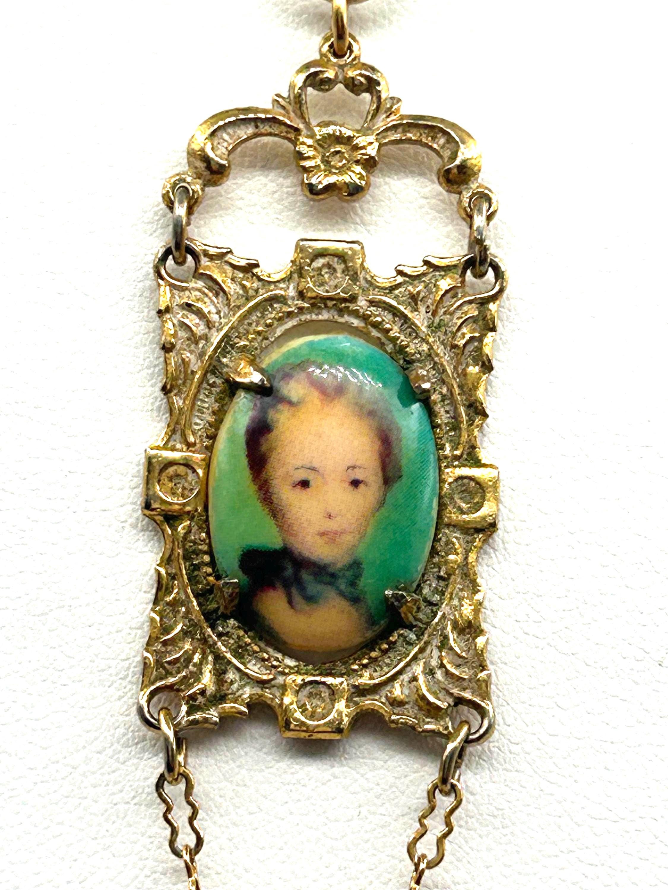 Vintage Brass Lavalier Pendant Prong Set Woman Porcelain Portrait