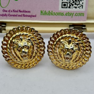 Vintage gold tone Lion face mogul rope detail round statement earrings, 1 1/2”