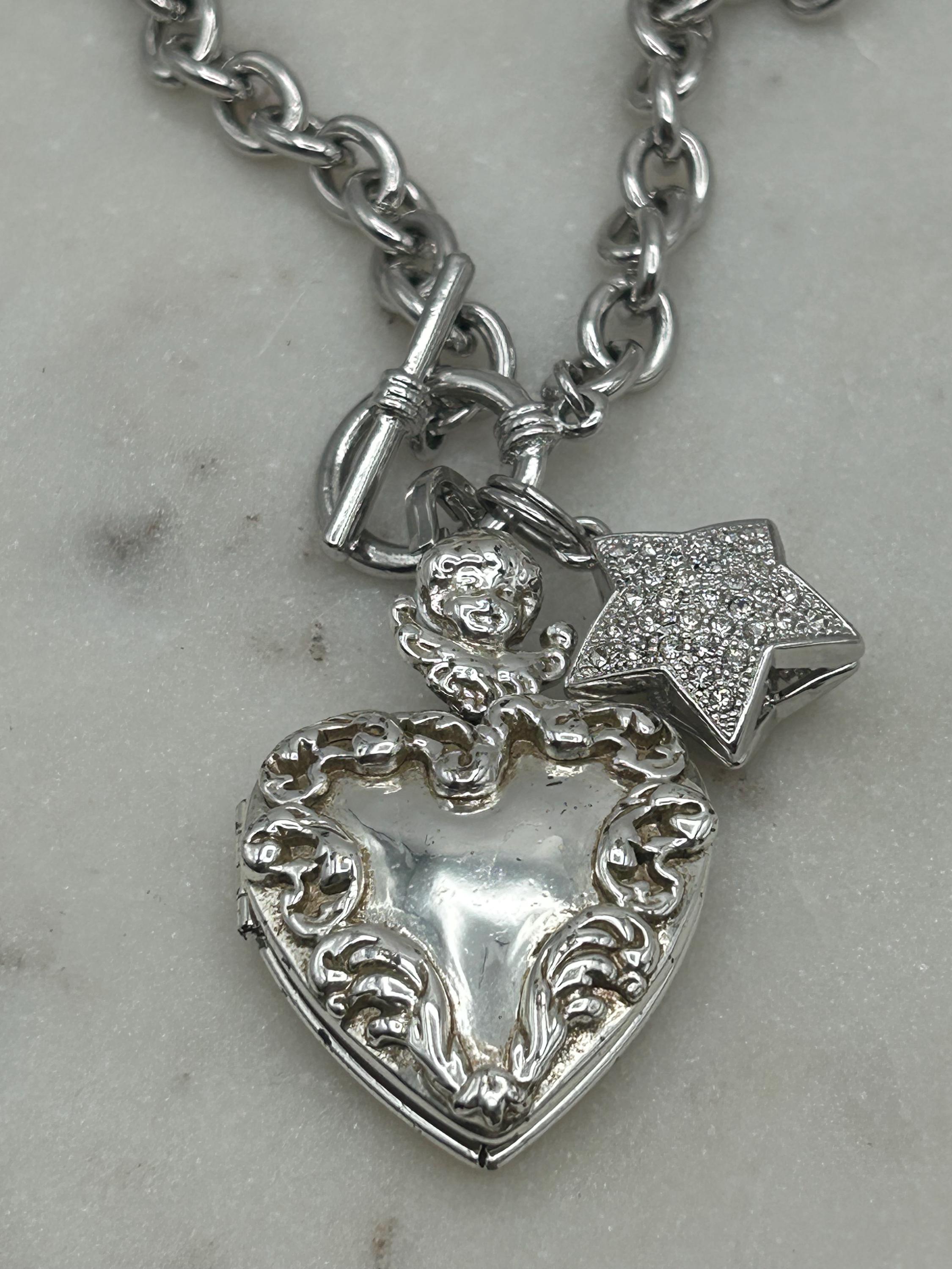 Vintage Silver Tone Heart Locket Necklace: Cherub, Rhinestone Star