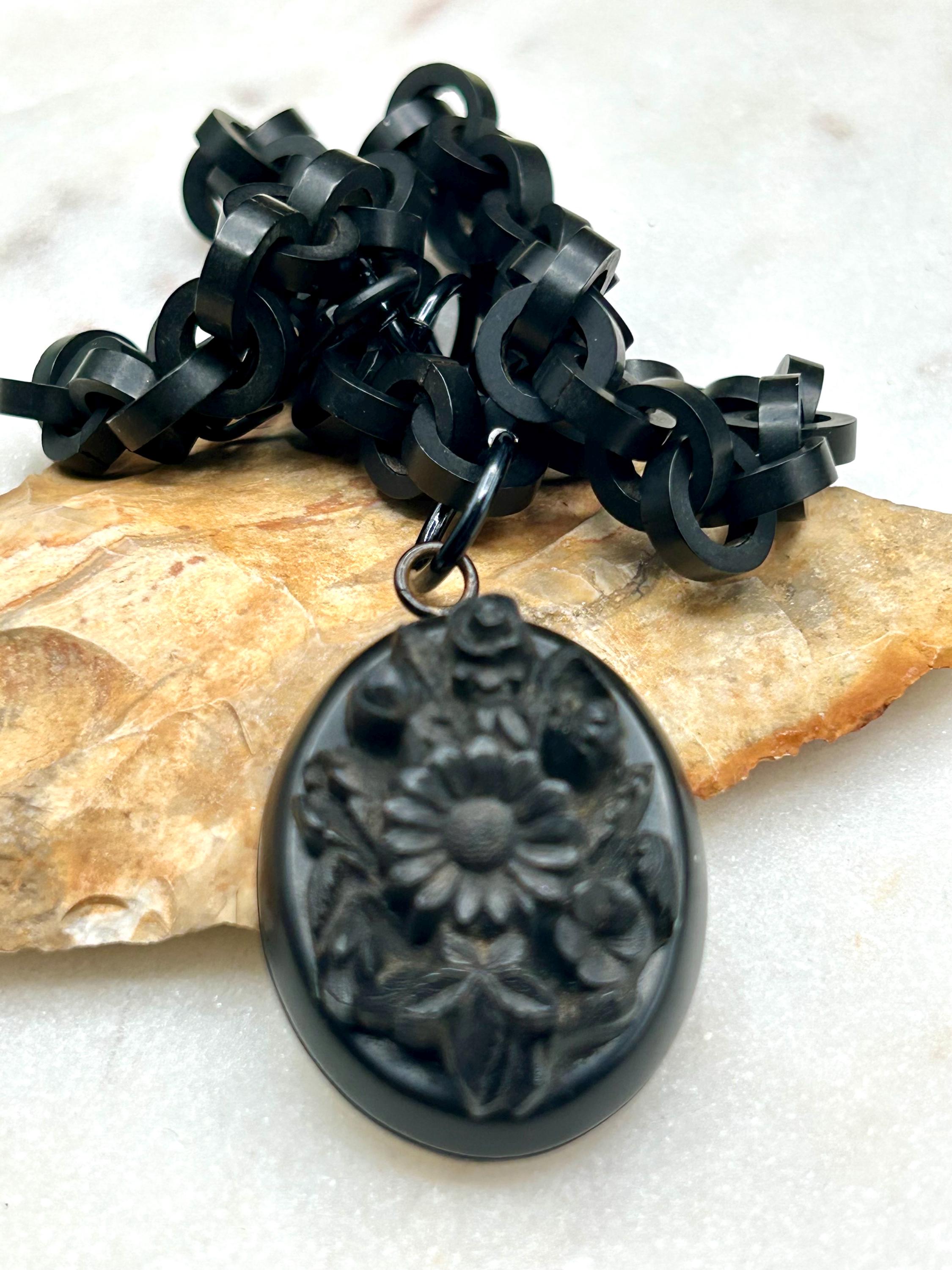 Whitby Jet Locket Antique C 1880 Victorian Carved Vulcanite or Whitby Jet Floral Locket ...