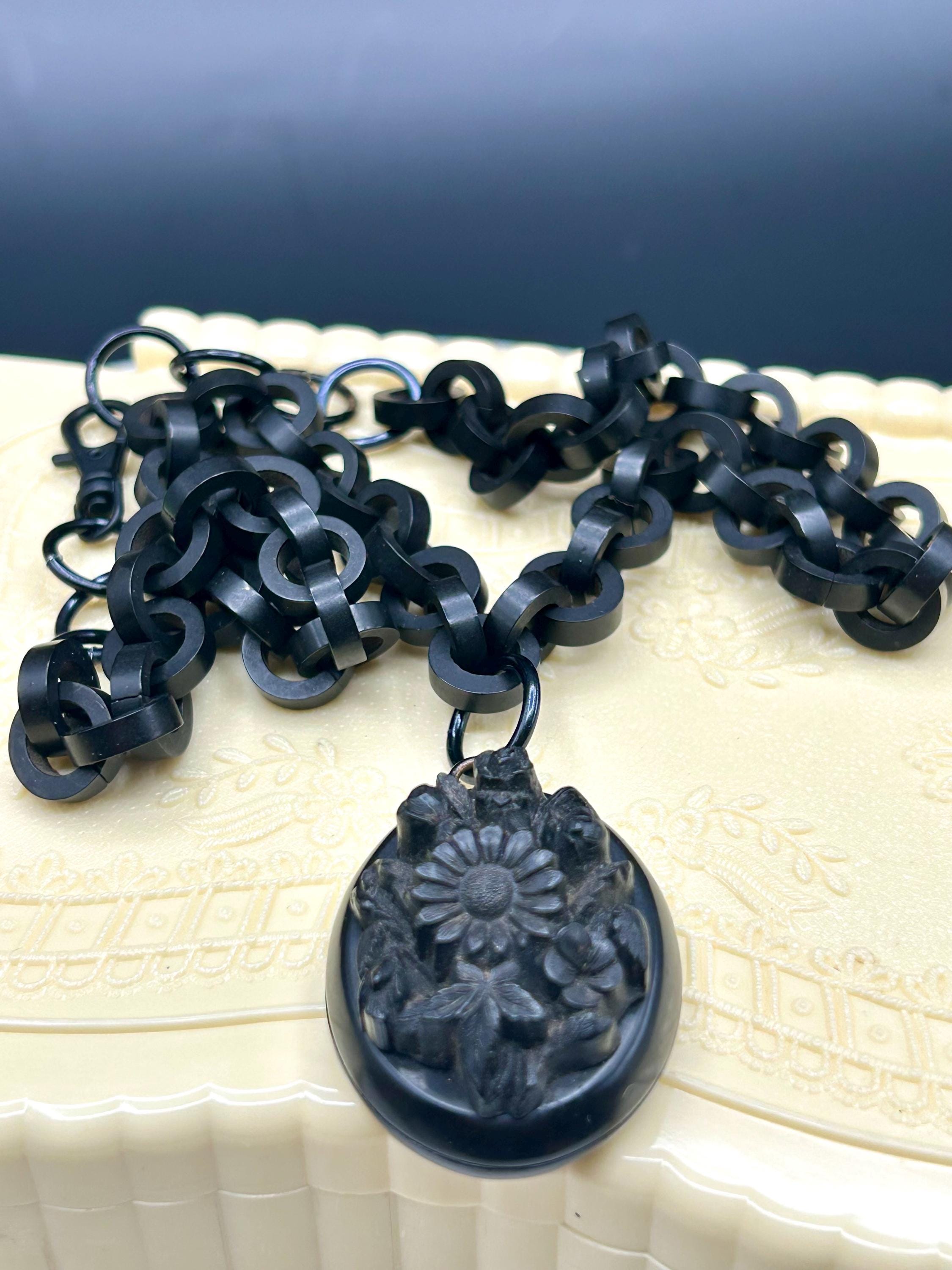 Whitby Jet Locket Antique C 1880 Victorian Carved Vulcanite or Whitby Jet Floral Locket ...