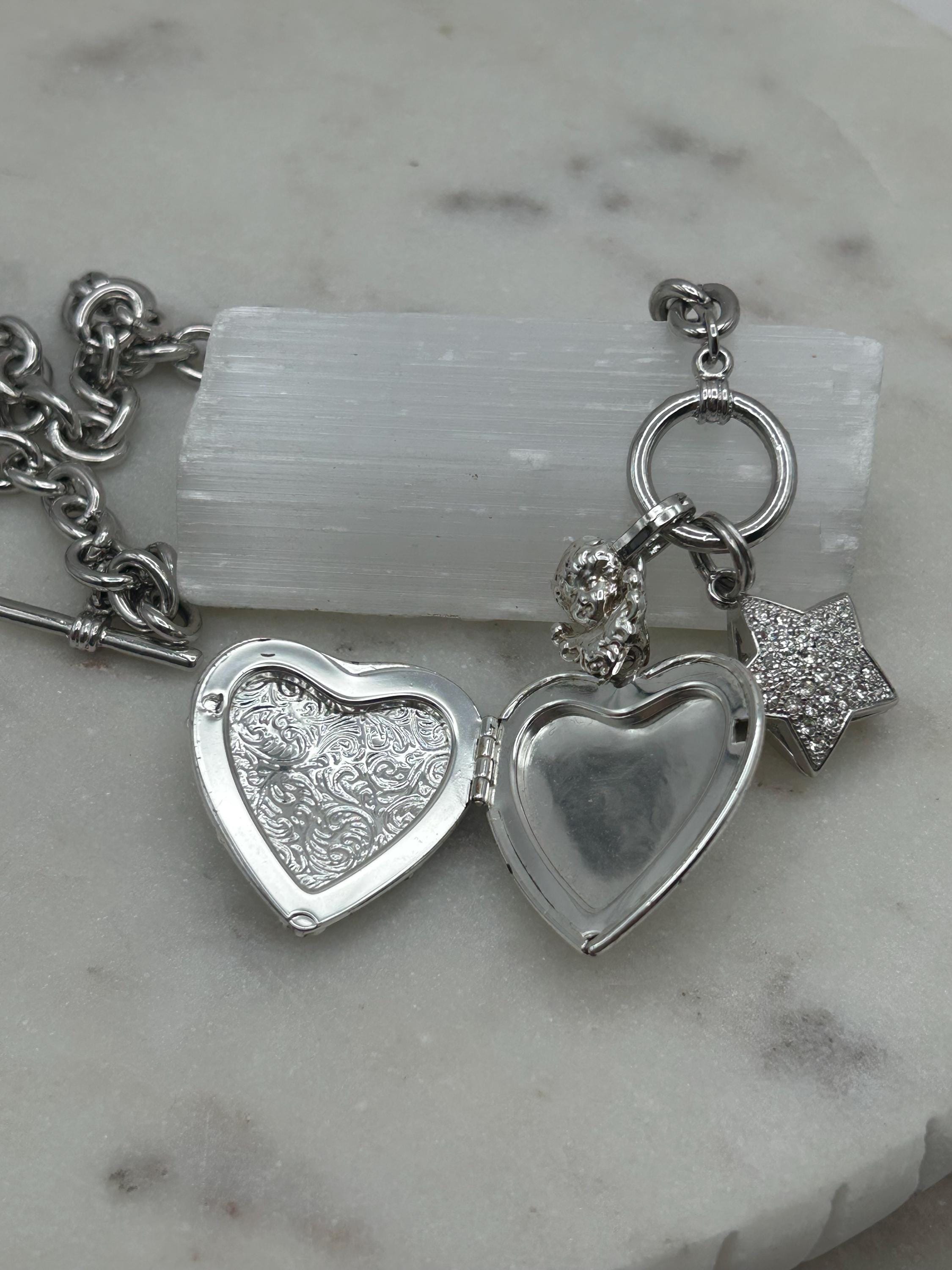 Vintage Silver Tone Heart Locket Necklace: Cherub, Rhinestone Star
