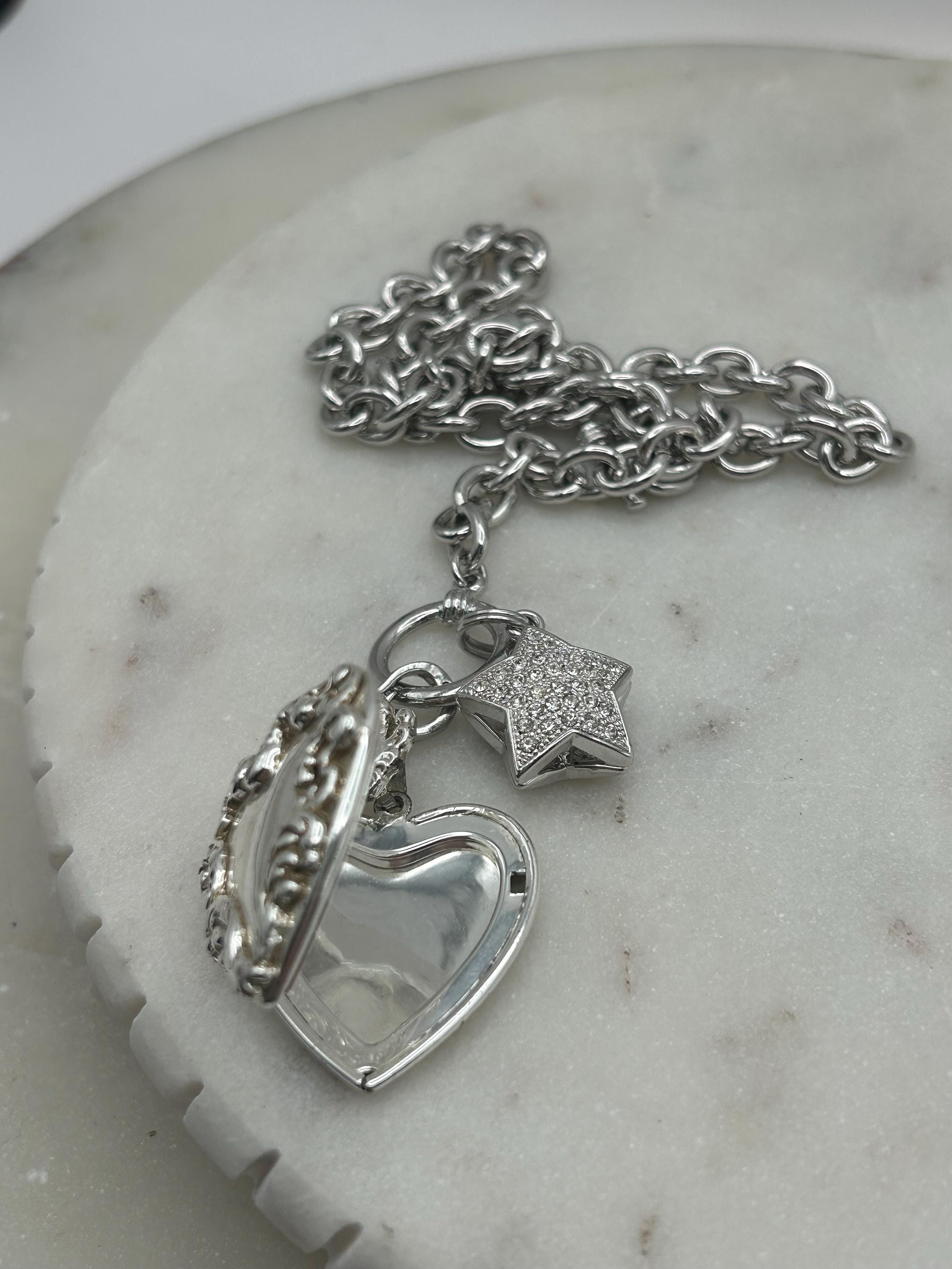 Vintage Silver Tone Heart Locket Necklace: Cherub, Rhinestone Star