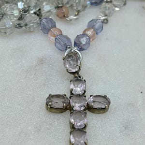 Vintage genuine amethyst cross pendant with genuine amethyst bale paired with lilac purple glass chain upcycled necklace