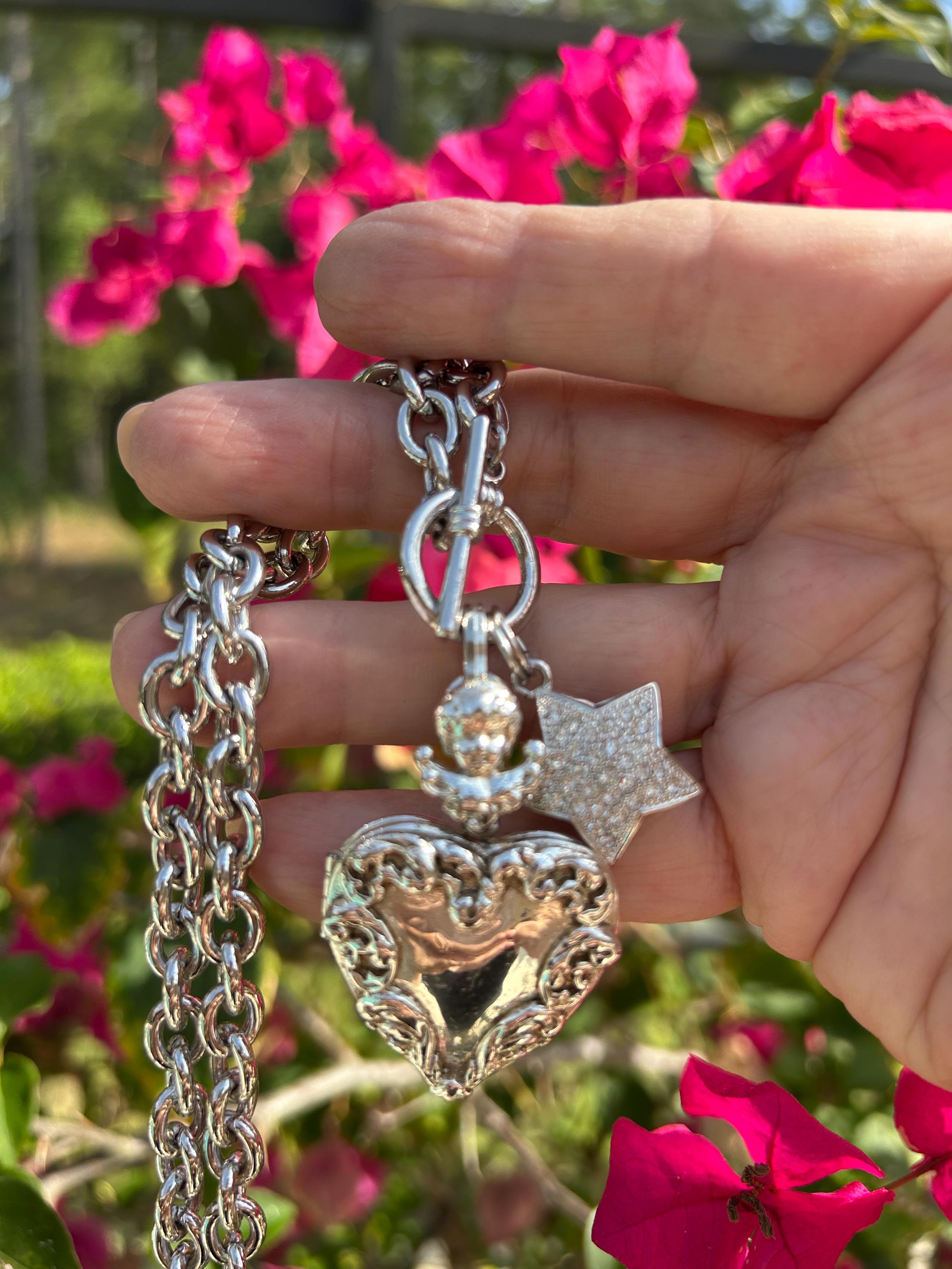 Vintage Silver Tone Heart Locket Necklace: Cherub, Rhinestone Star