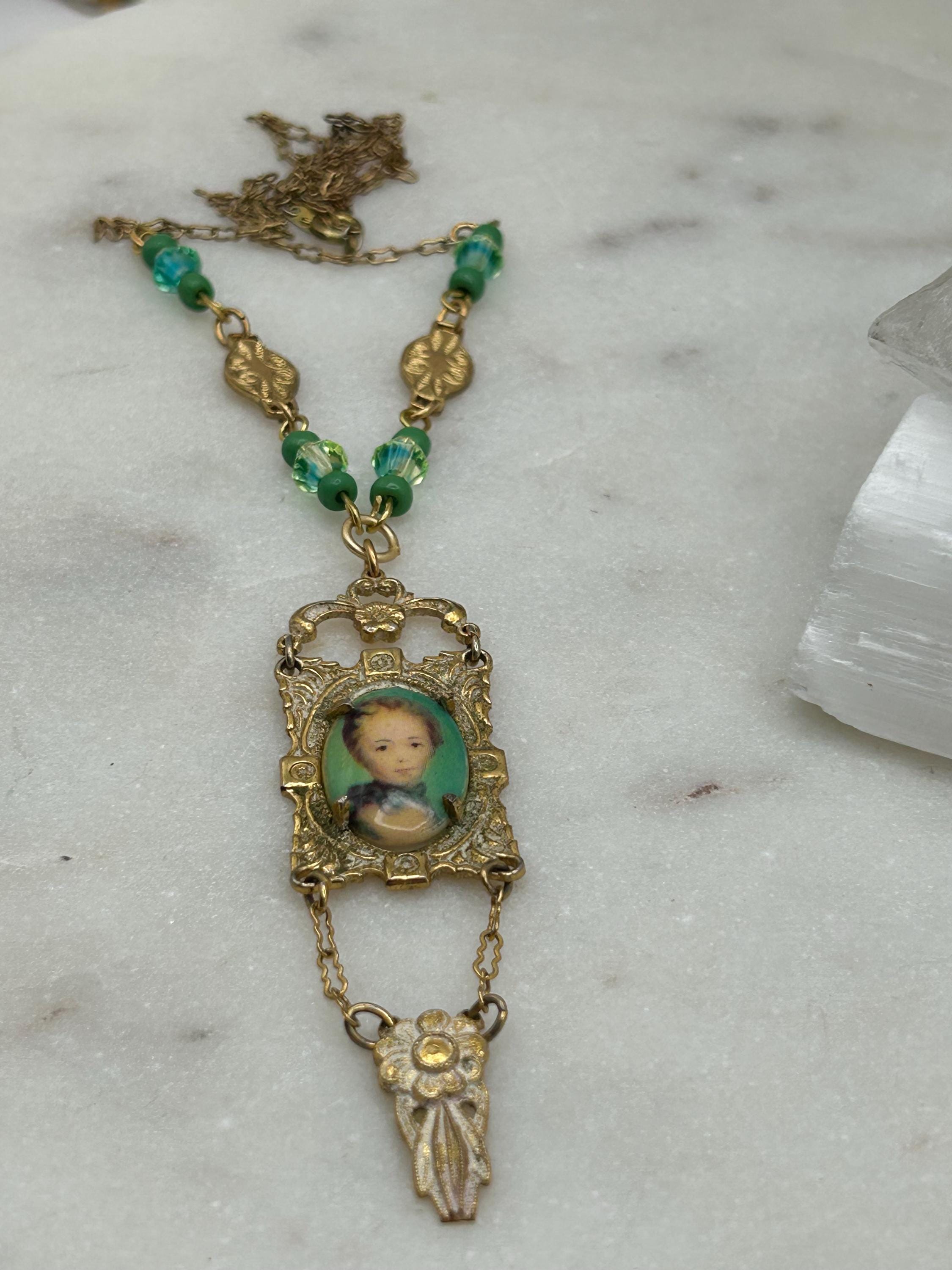 Vintage Brass Lavalier Pendant Prong Set Woman Porcelain Portrait
