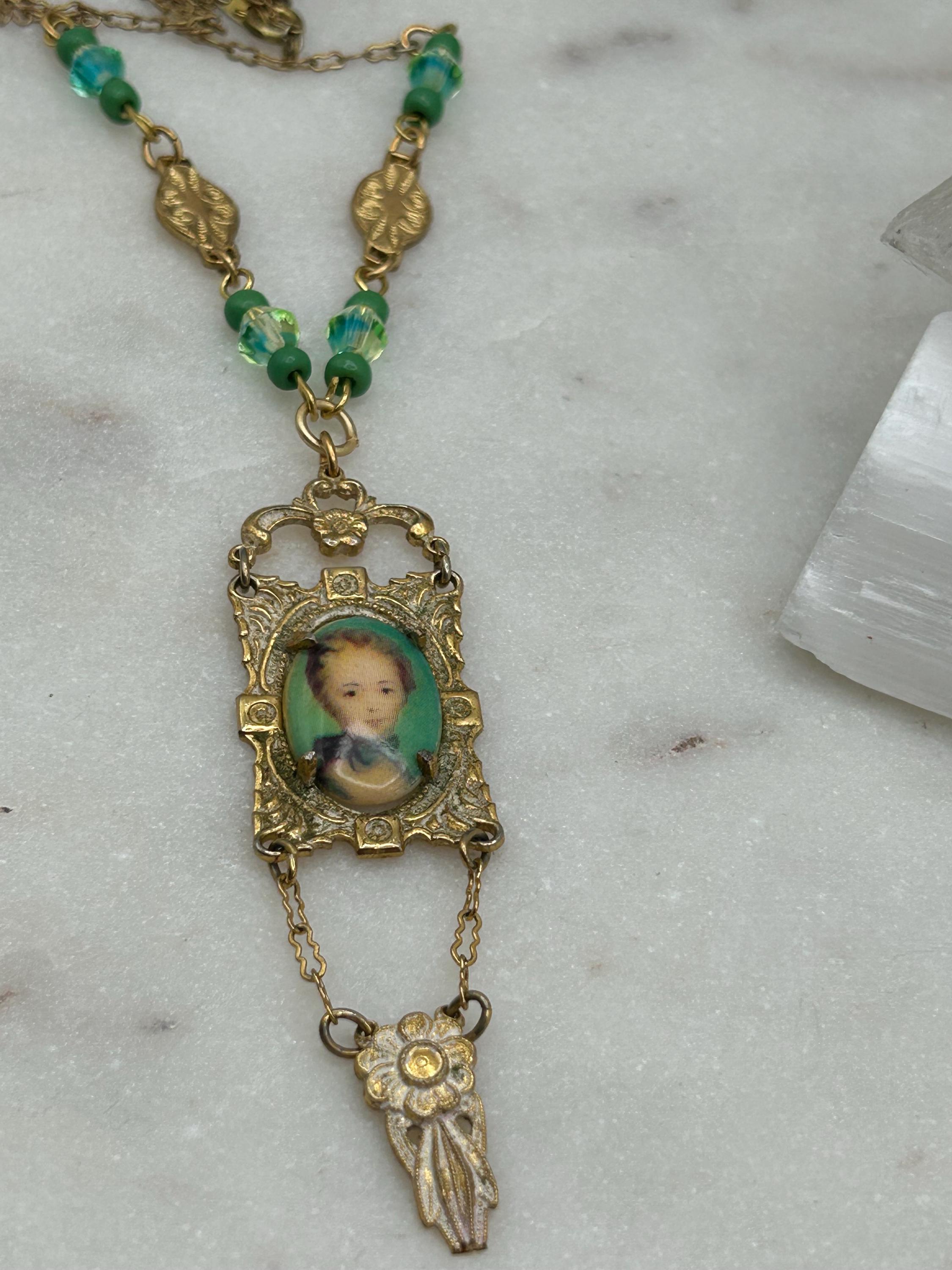 Vintage Brass Lavalier Pendant Prong Set Woman Porcelain Portrait