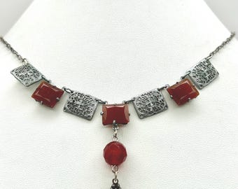 Antique vintage 1920s Art Deco carnelian glass rhodium plated station necklace