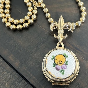 Vintage Coro Fleur de Lis Locket Necklace: Guilloche Enamel Pansy, 1940s