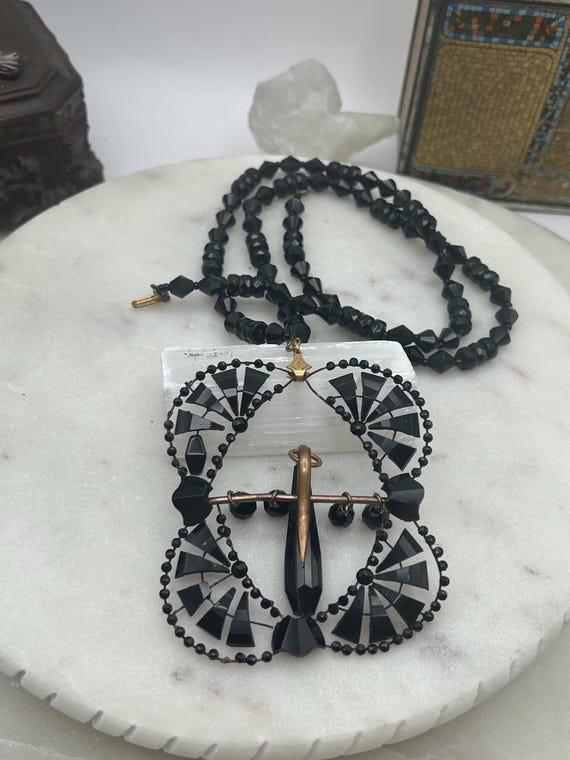 Antique French Jet Buckle Necklace: Black Glass Dangle Pendant