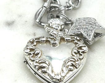 Vintage Silver Tone Heart Locket Necklace: Cherub, Rhinestone Star