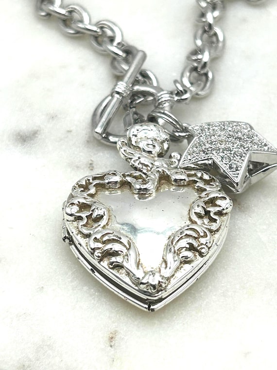 Vintage Silver Tone Heart Locket Necklace: Cherub, Rhinestone Star