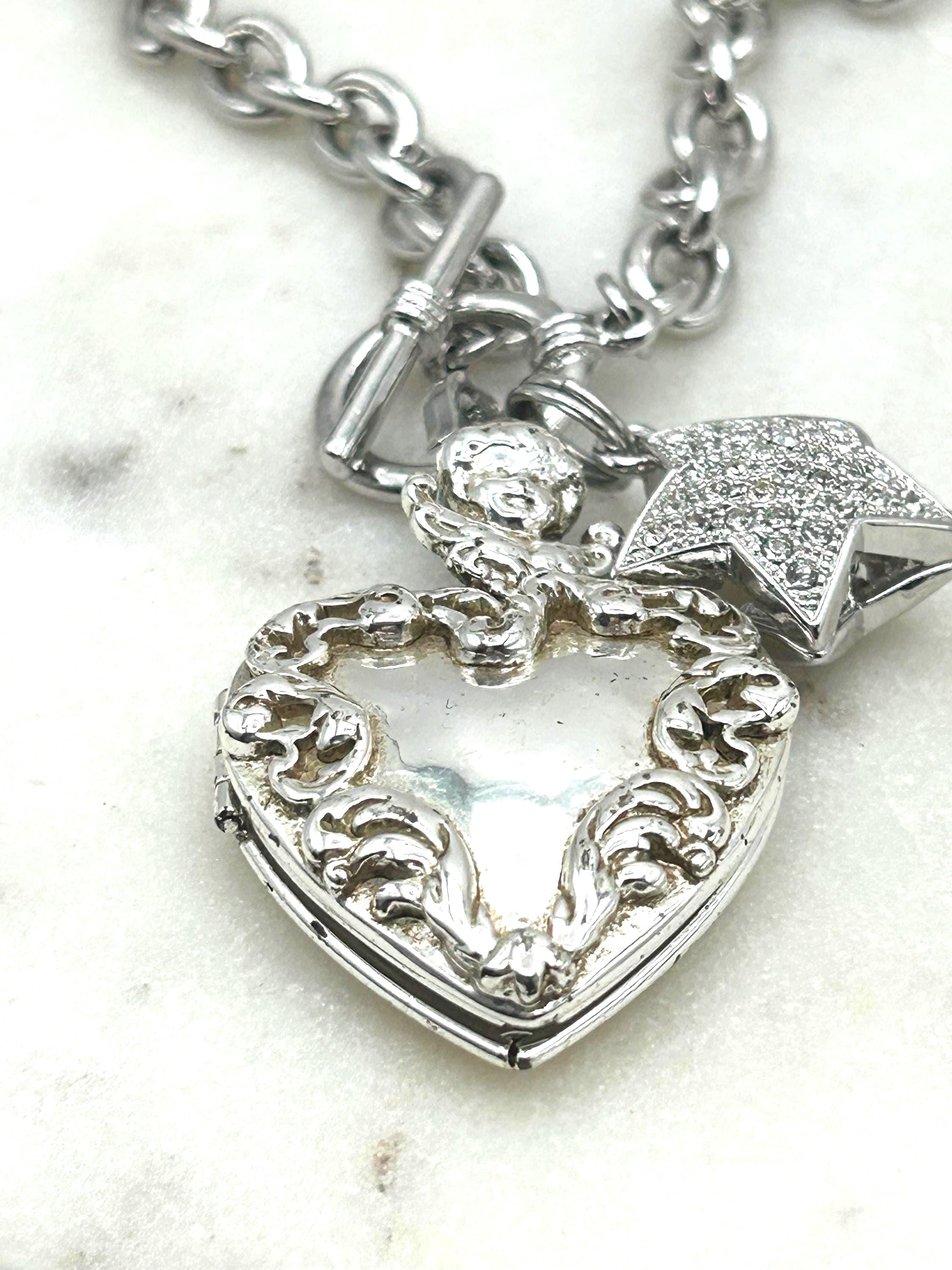 Vintage Silver Tone Heart Locket Necklace: Cherub, Rhinestone Star