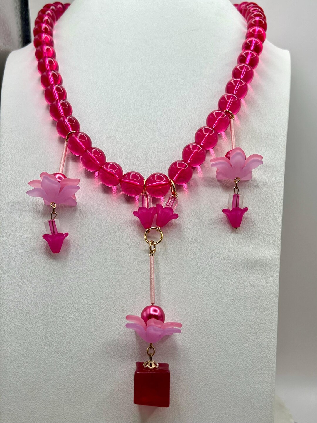 Vintage Fushia Pink Clear Round Bead Chain With Custom Acrylic Floral ...