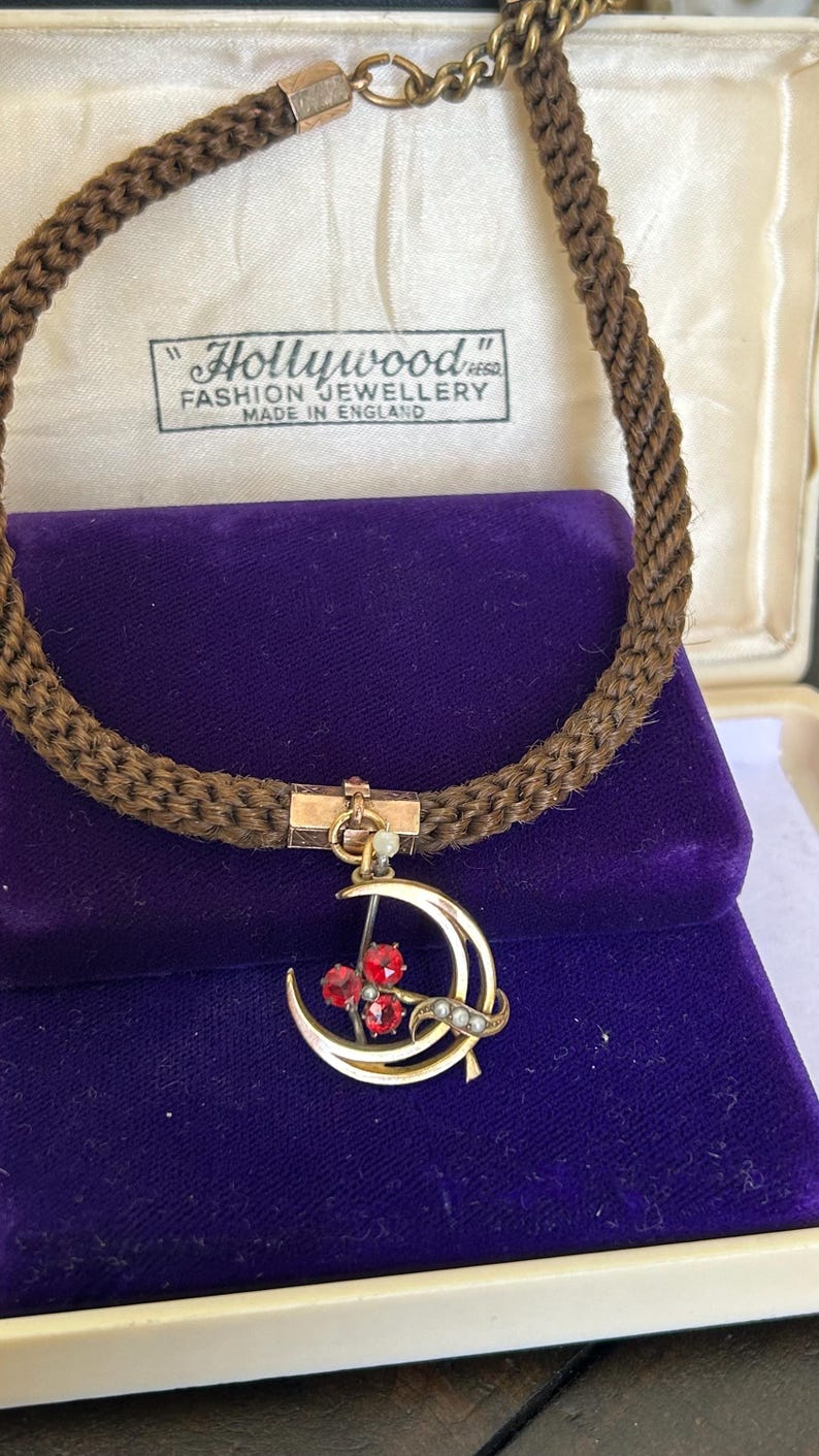 Antique Victorian c 1875 18k gold filled etched ruby seed pearl crescent moon dangle impressive braided woven hair mourning necklace image 12