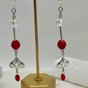 Custom made vintage leverback wire earrings in silver and red with art deco style silver findings, 3 1/2”